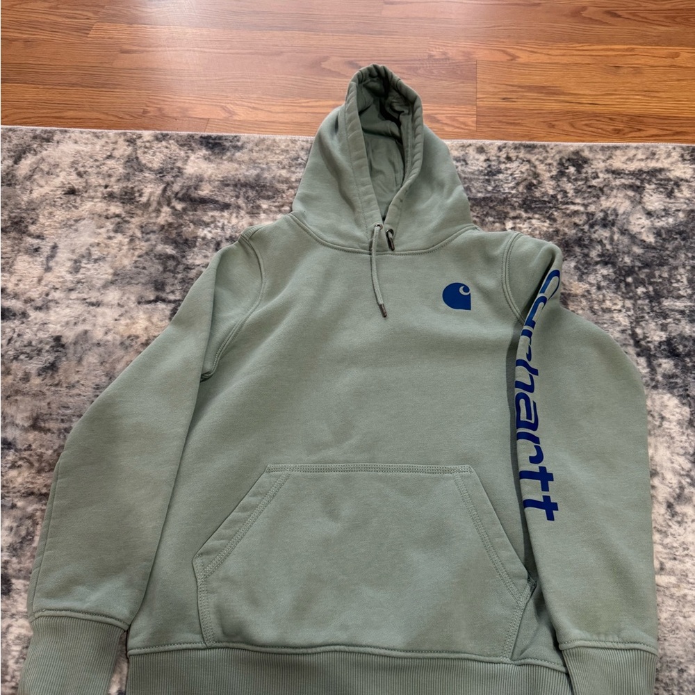 Carhartt Sage Green Hoodie with Navy Logo and Sleeve Script